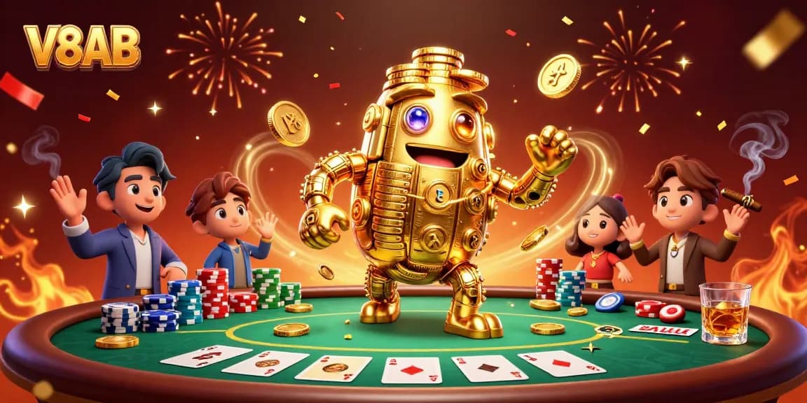 Experience the excitement of V8AB with a vibrant casino scene featuring a golden golem and poker elements.