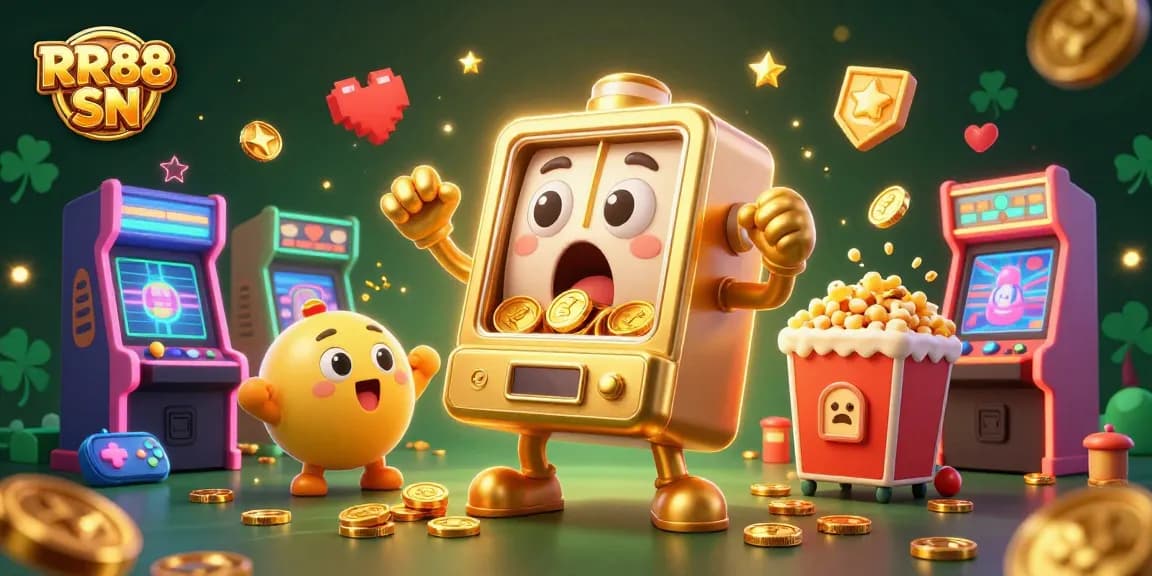 Experience the thrill of RR88 SN as a golden slot machine hits a jackpot surrounded by colorful arcade elements.