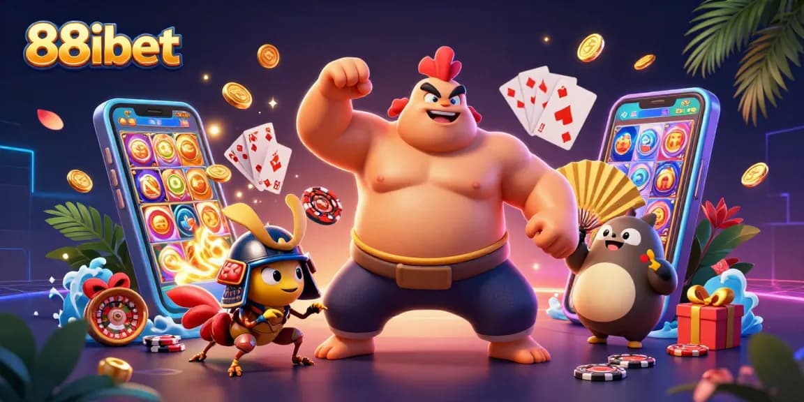 Experience vibrant 88ibet casino action with sumo wrestlers and gaming elements in an animated scene.