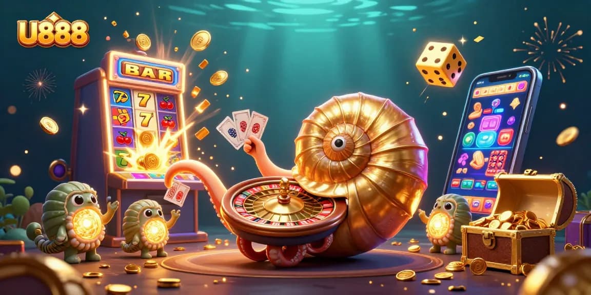 Experience U888’s thrilling gaming atmosphere with a giant nautilus, glowing ammonites, and casino elements.