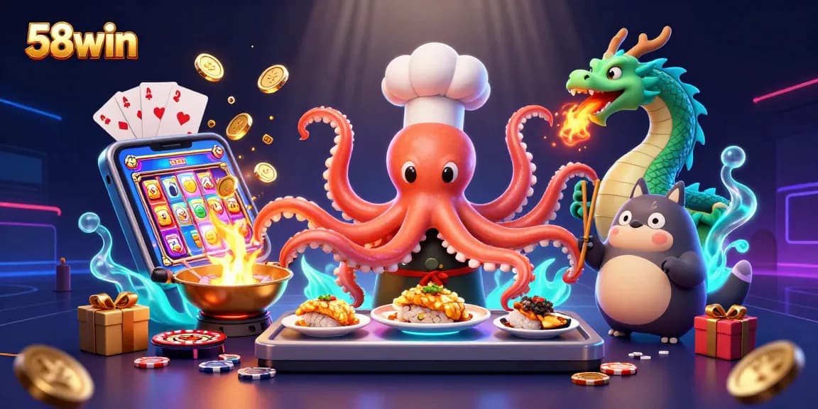 Engaging scene showcasing 58win with a sushi chef octopus, dragon, and tanuki amidst vibrant gambling elements.