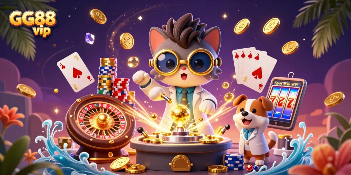 Engaging GG88 vip online gaming scene with a cartoon cat scientist and dog assistant celebrating casino wins.