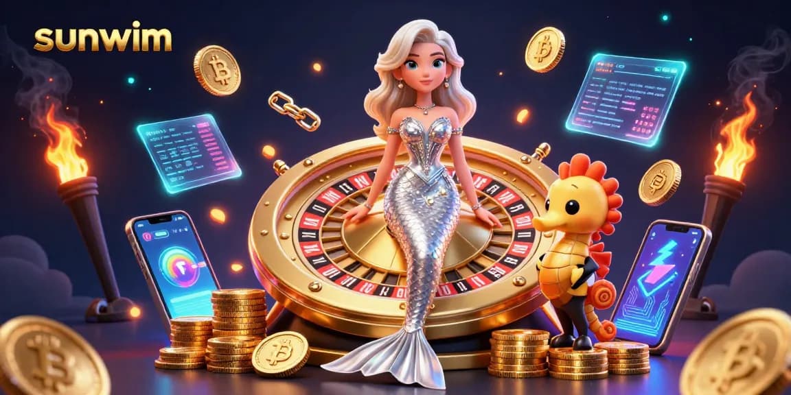 Win big at sunwim with vibrant casino-themed illustration featuring crypto elements and characters.