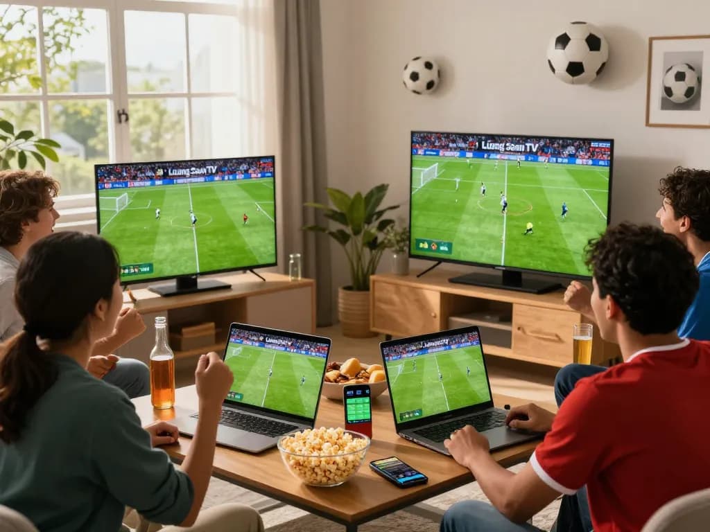 Khoảnh khắc thú vị của các cổ động viên bóng đá khi xem trực tiếp Lương Sơn TV với sự hứng thú và đồ ăn nhẹ.
