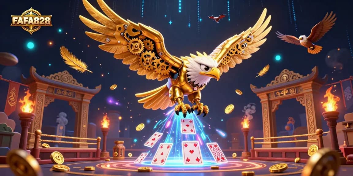 Experience the thrill of FAFA828 with the golden eagle soaring through dazzling casino elements.