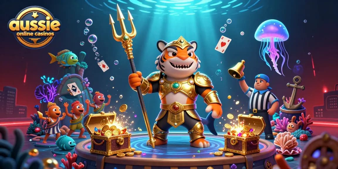 Aussie online casinos showcase a thrilling underwater scene with a golden shark gladiator amidst treasure and vibrant marine life.