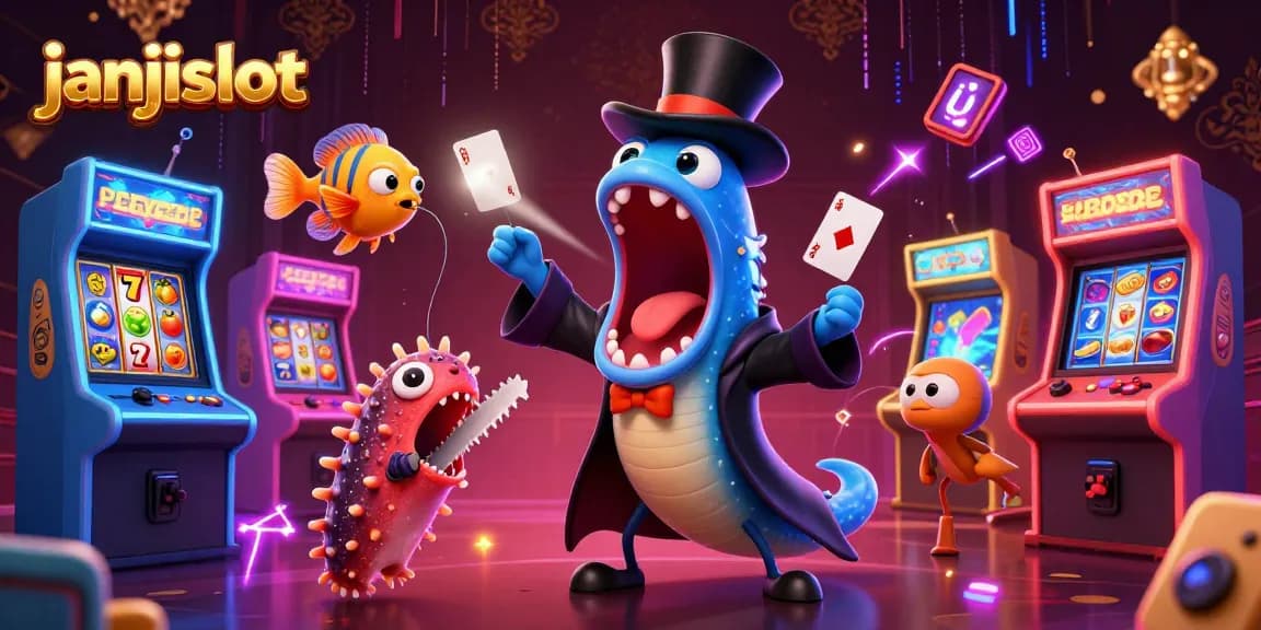 Spin to win with janjislot as a bioluminescent eel performs magic tricks in a vibrant casino scene.