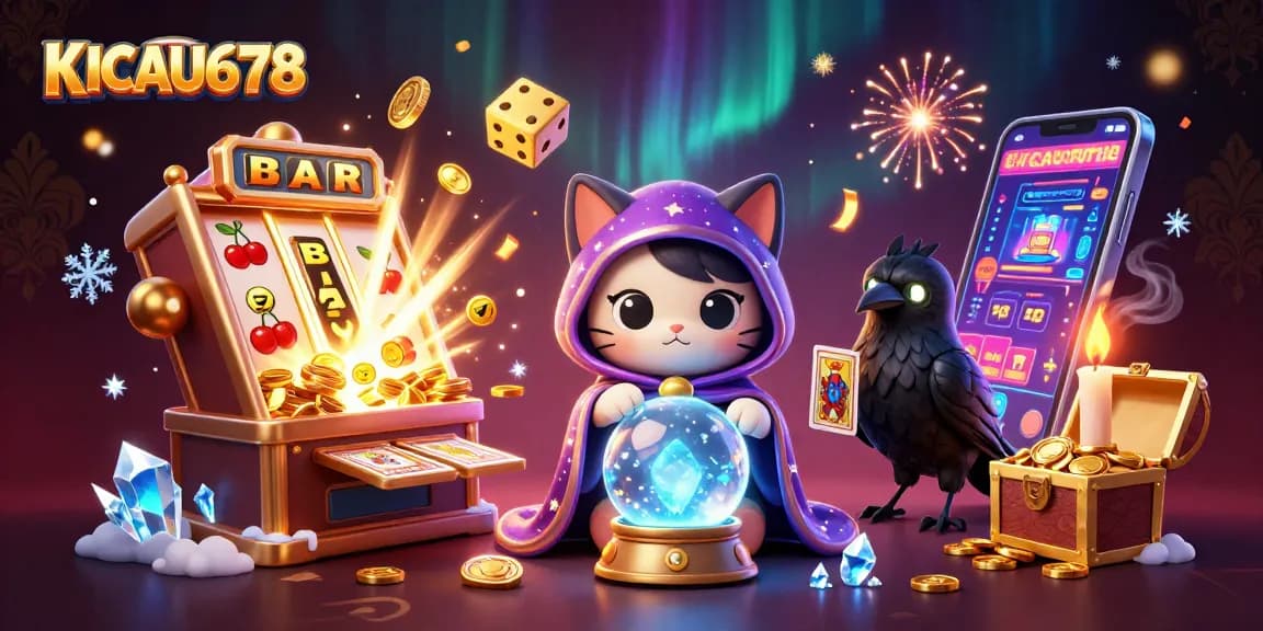 KICAU678 brings casino magic with a fortune teller cat, tarot raven, and slot machine jackpot.