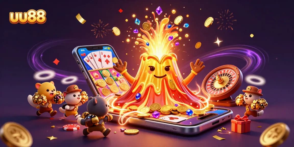 Spin winning slots with uu88 as a triumphant golden volcano erupts coins and treasures.