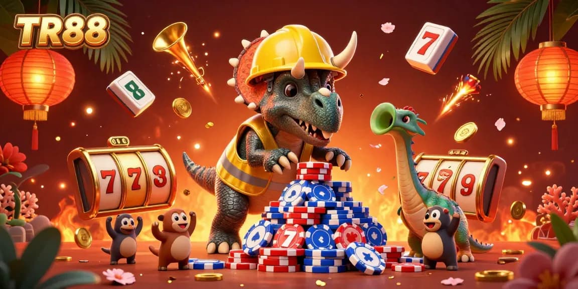 Experience TR88's exciting environment with a bustling scene of a triceratops building poker chip pyramids.