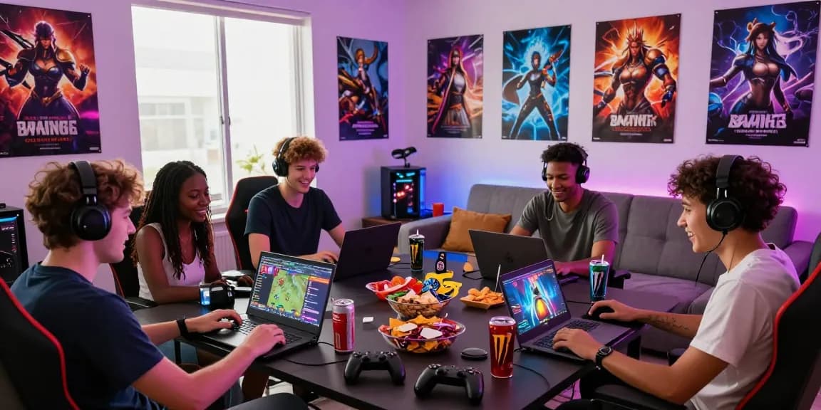 Players enjoying transformation hentai games in a vibrant living room setting with colorful decor and snacks.