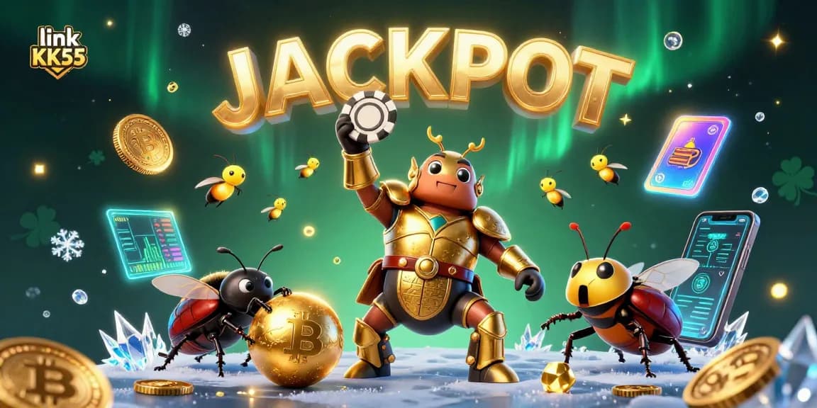 Engage with link KK55 as vibrant 3D characters celebrate a casino jackpot in a dynamic illustration.