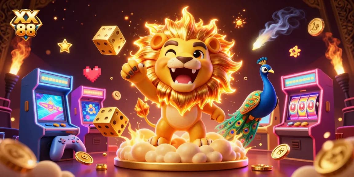 Experience the thrill of XX 88’s roaring lion mascot among dazzling game elements.