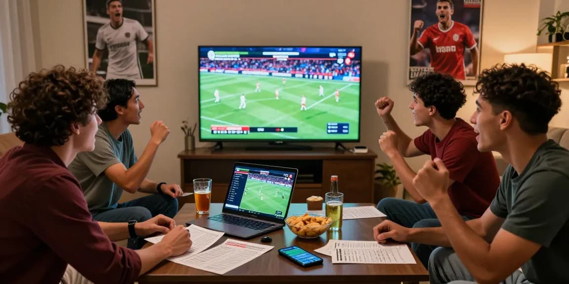 Group of friends enjoying Prediksi Bola Malam Ini as they analyze live football matches and discuss betting strategies, creating a lively atmosphere.