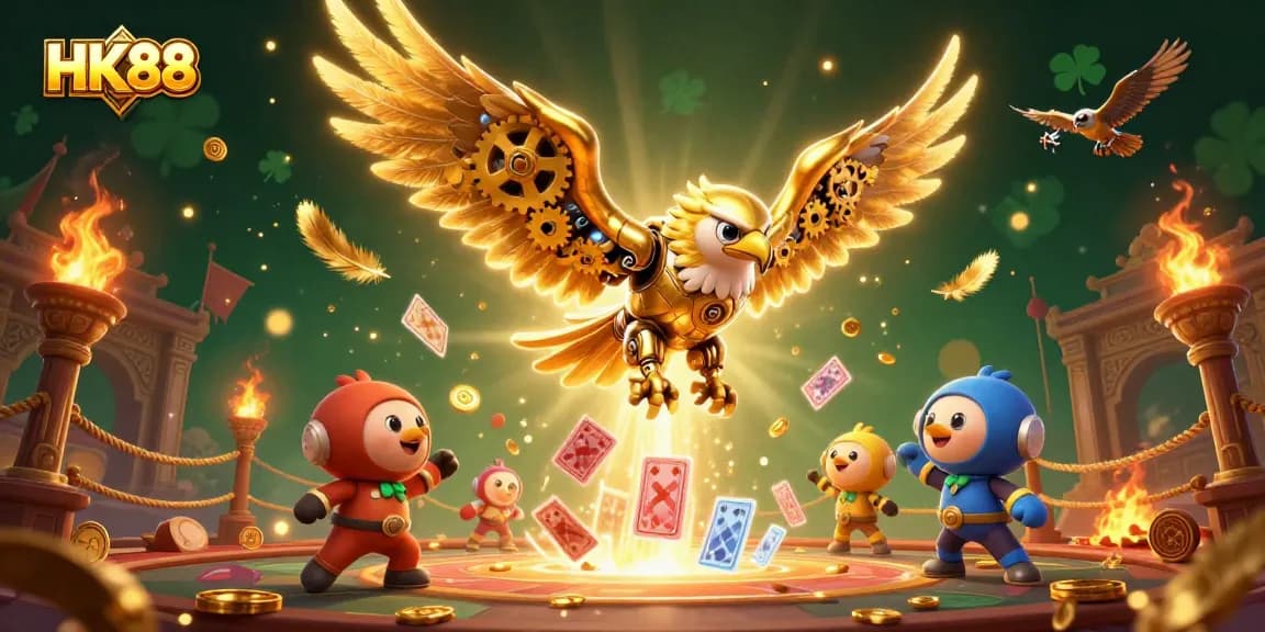 Engage with HK88 slots experience as the dynamic golden eagle dives through flying holographic cards.
