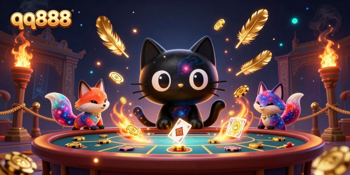 qq888 cosmic casino scene featuring a black hole cat and nebula fox gathering chips and cards.