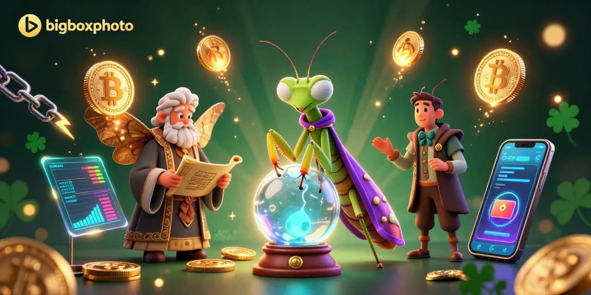 Bigboxphoto showcases a spirited casino scene with a mystical fortune teller and glowing cryptocurrency elements.