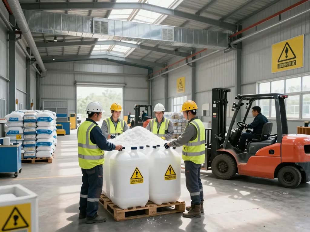 Granulated sulfur supplier's warehouse scene showing team members inspecting products for quality control.