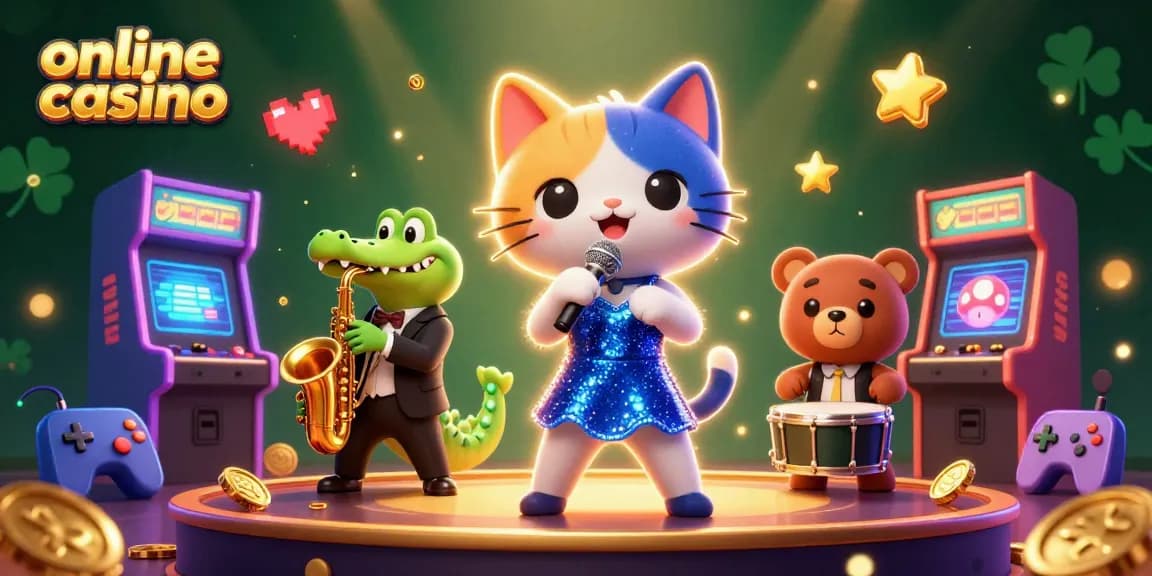 Join the excitement at this online casino, featuring a jazz-singer cat, saxophone croc, and drum bear surrounded by gaming fun.