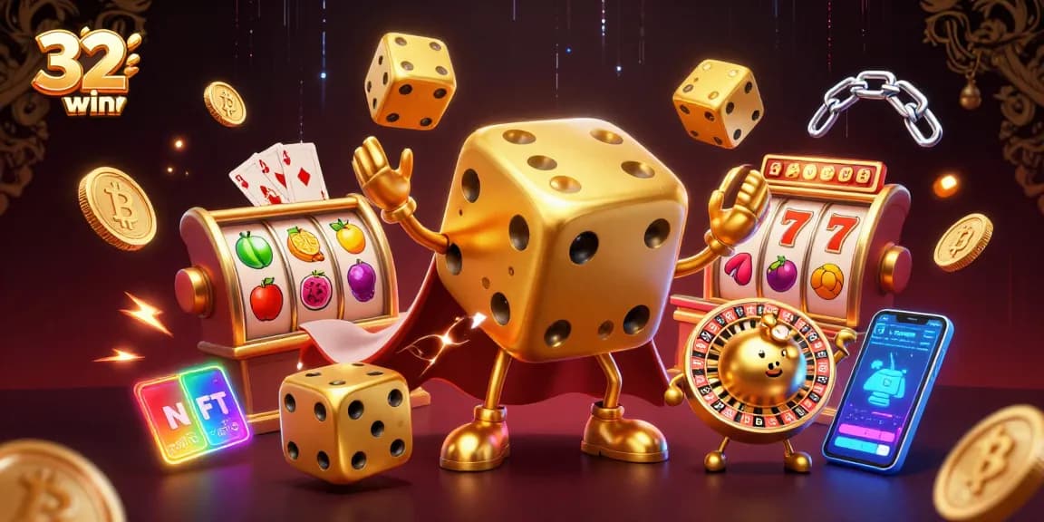 Engage with the vibrant 32win com casino scene featuring a golden dice golem and exciting gaming elements.