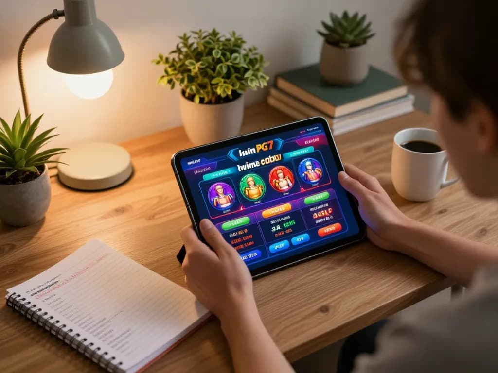 Iwinclub PG7 user enjoying online gaming with tablet while strategizing with notes.
