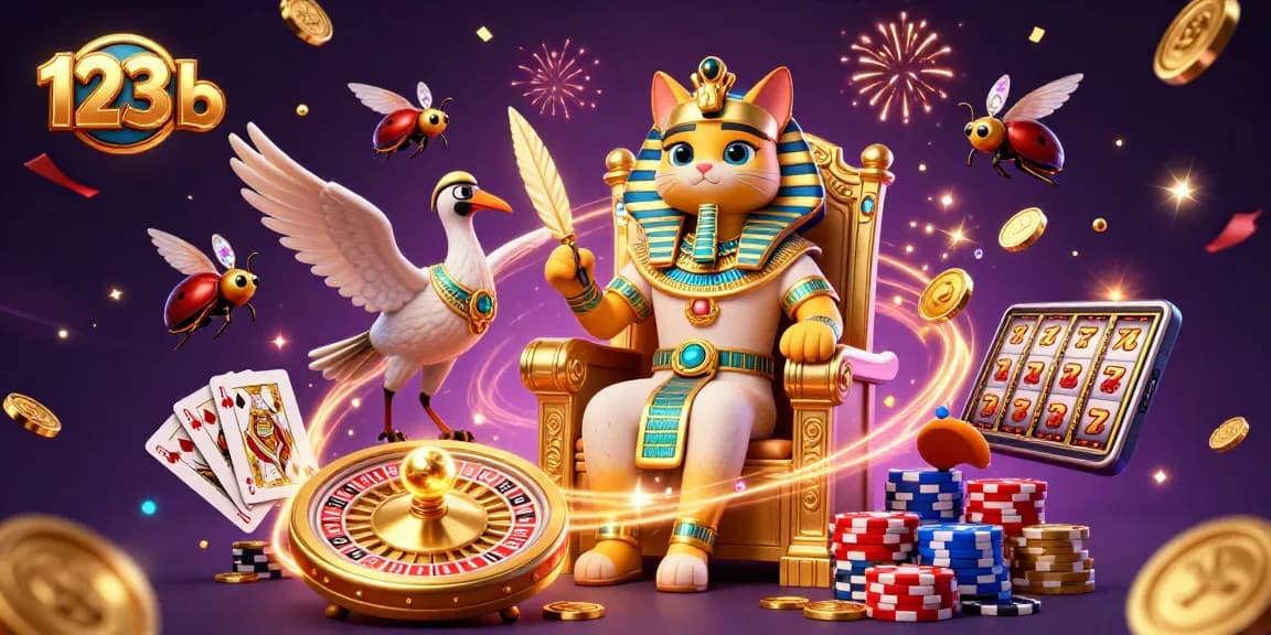Win big with 123 b in a vibrant casino scene, featuring golden treasures and dynamic game elements.