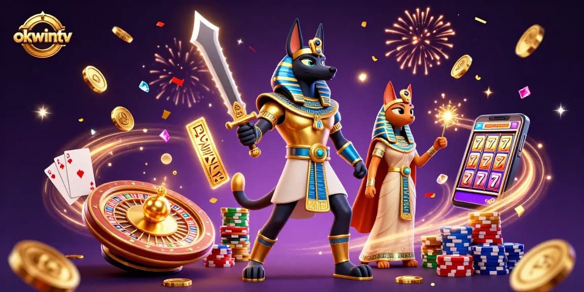 Experience streaming and betting with okwintv, featuring vibrant 3D casino warriors amidst golden coins and roulette.