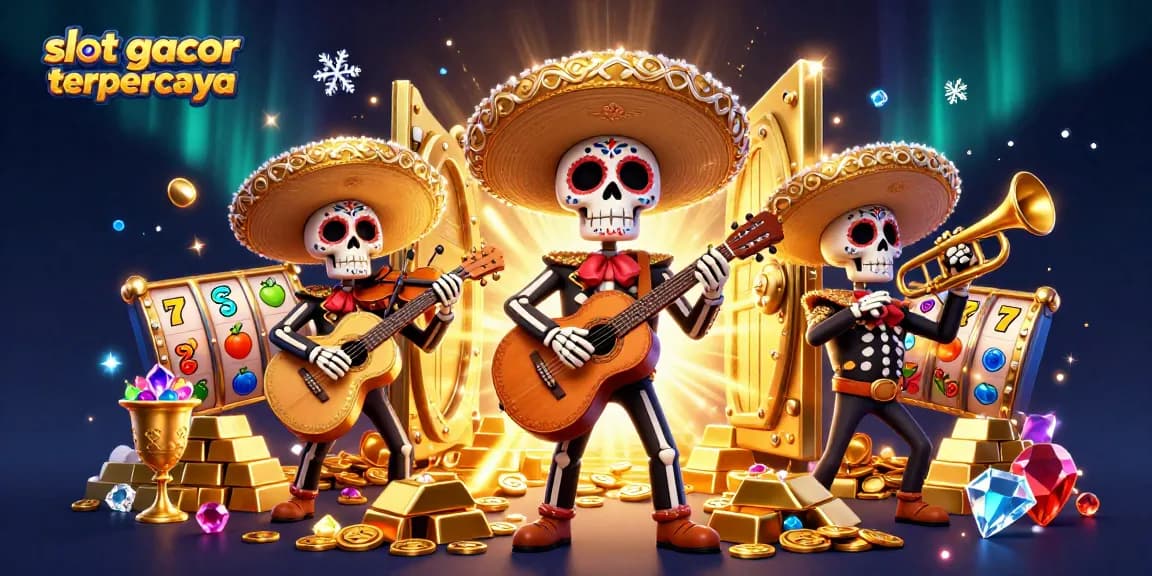 Experience the excitement of slot gacor terpercaya in this vibrant 3D illustration with festive mariachi and treasure.