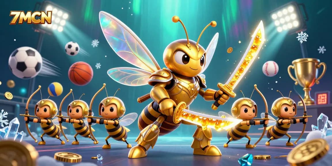 7MCN showcases a dynamic 3D scene with sports betting elements and an energetic hornet warrior.