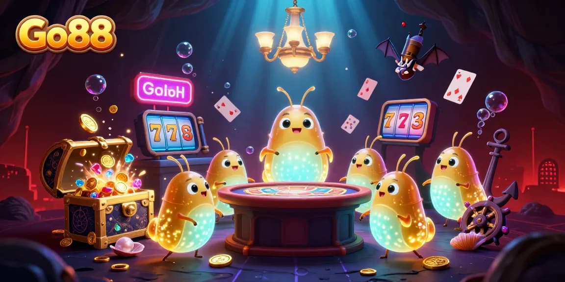 Experience thrilling gameplay at Go88 featuring a vibrant underwater casino illuminated by glowworms and filled with treasures.
