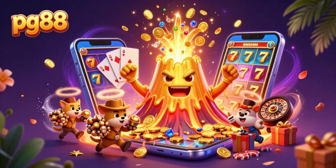 Engage with pg88's thrilling casino gaming, featuring a golden volcano erupting coins, colorful slot games, and vibrant poker elements.