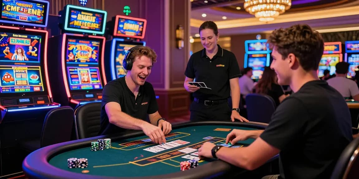 Player enjoying games at casinos that accept credit cards, surrounded by colorful slot machines and a festive atmosphere.