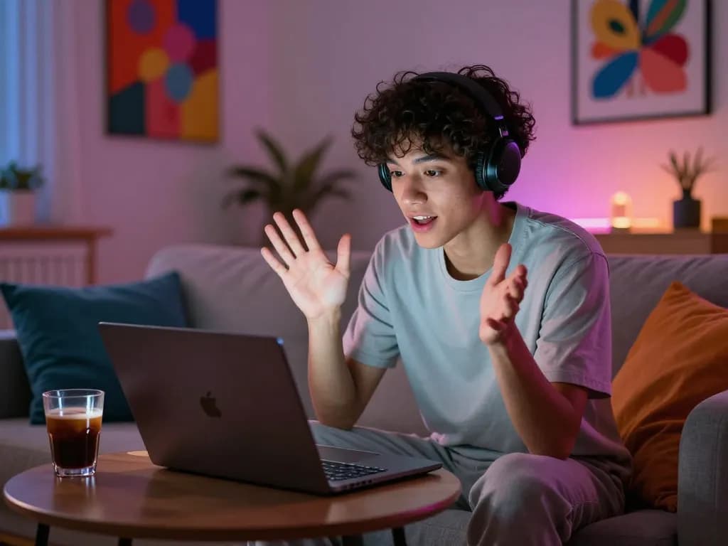 Engaging in a porn AI chat on a sleek laptop in a cozy living room.