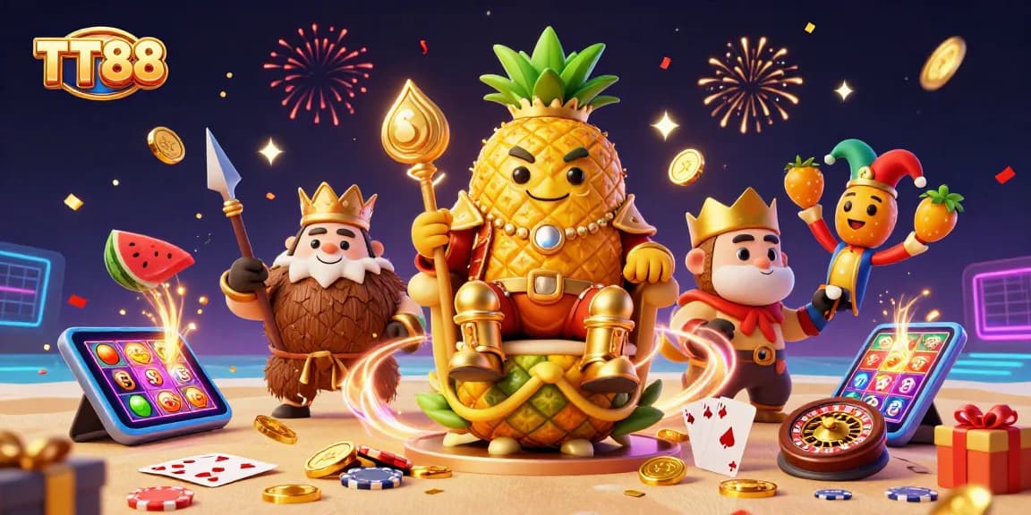 Experience the excitement of TT88 casino with a thrilling 3D illustration of a golden pineapple king and vibrant slot game elements.