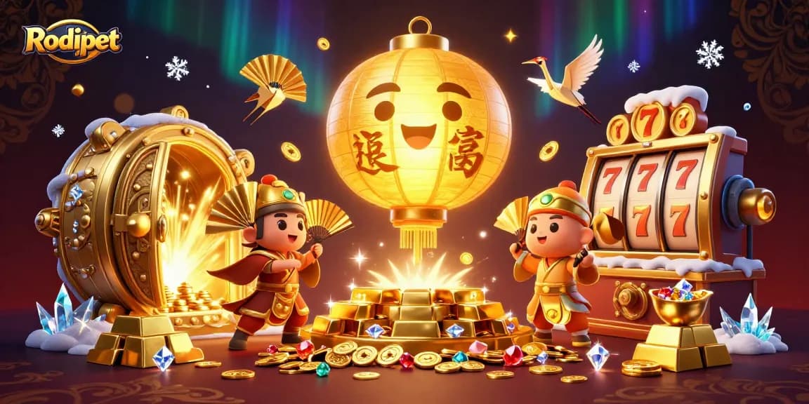 Experience Rodipet's vibrant casino scene featuring spinning slots and treasure elements in a dynamic illustration.