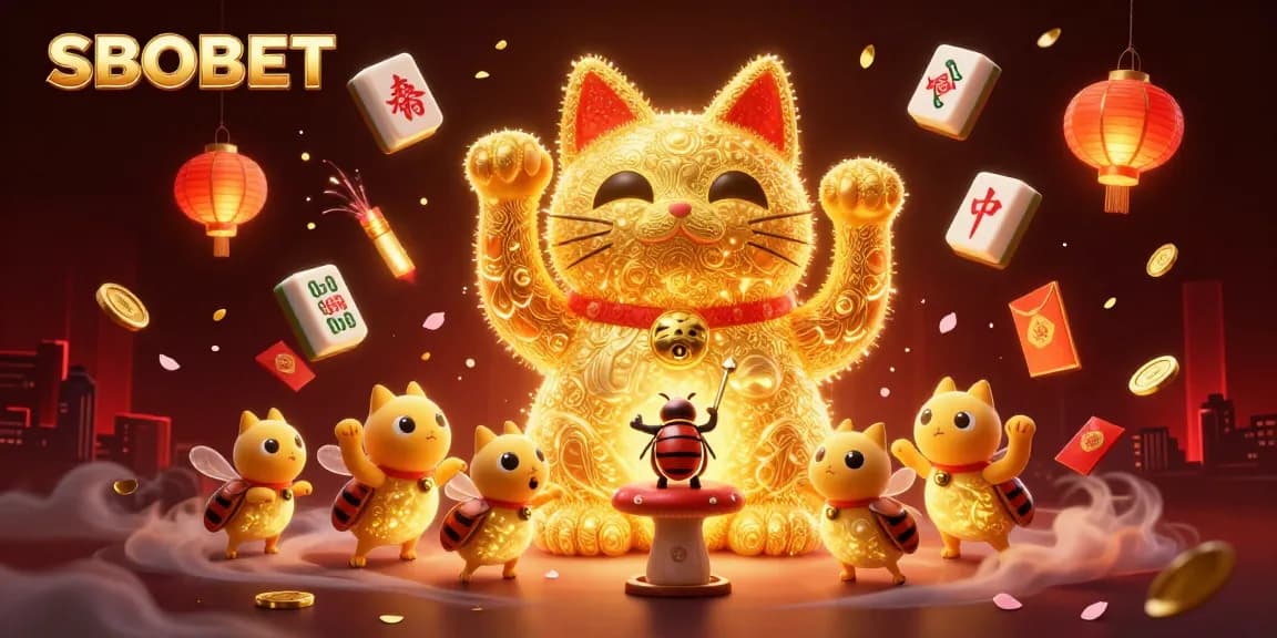 SBOBET captures excitement with a vibrant lucky cat made of fireflies, igniting the casino atmosphere.