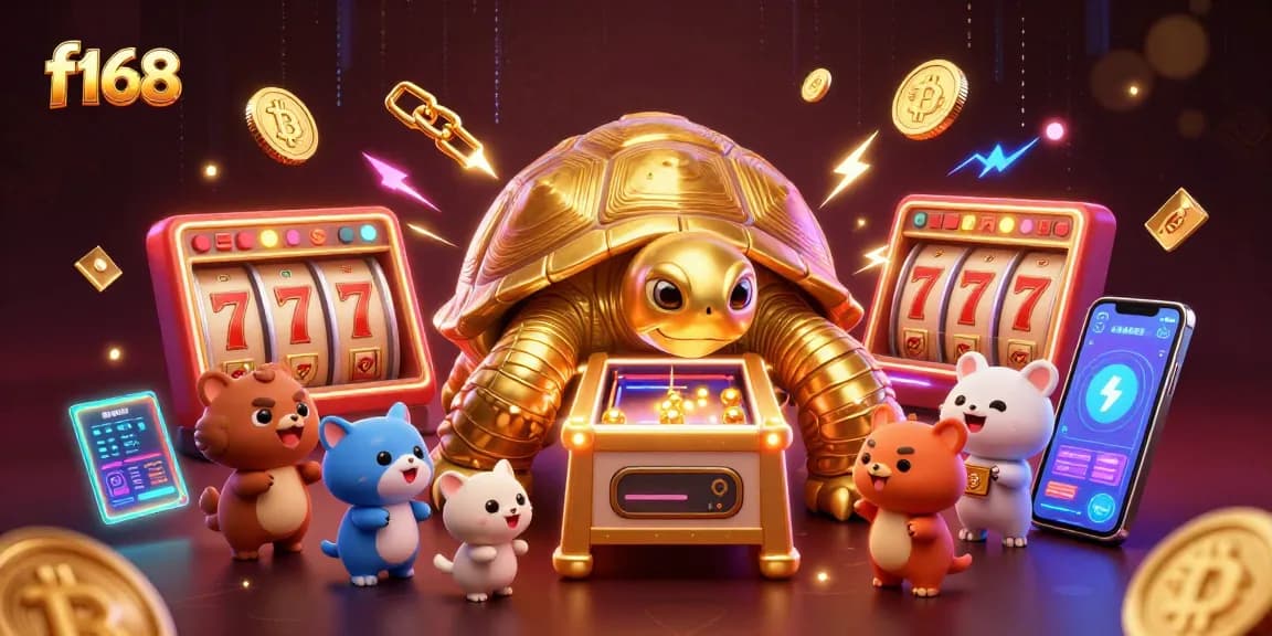 Experience excitement and jackpots with f168's vibrant gaming scene featuring animated characters and casino elements.