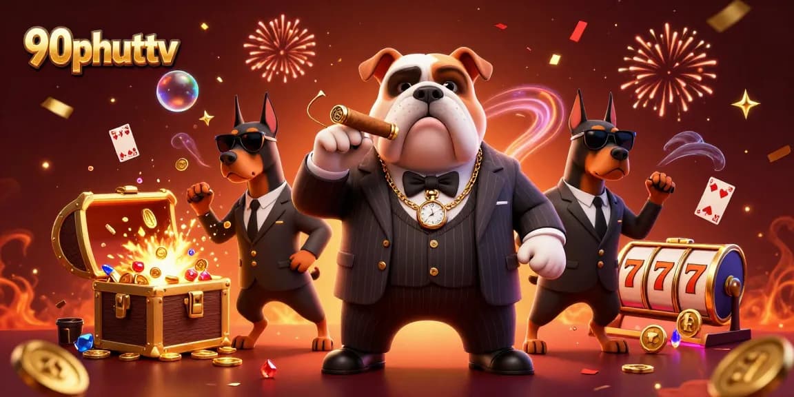 90phuttv showcases an exciting casino vibe with a mafia bulldog and his Doberman bodyguards amidst vibrant gaming elements.