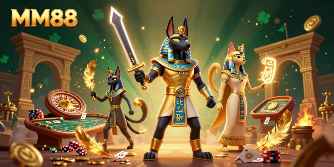 Experience MM88 gaming with Anubis and Bastet in a rich casino scene.