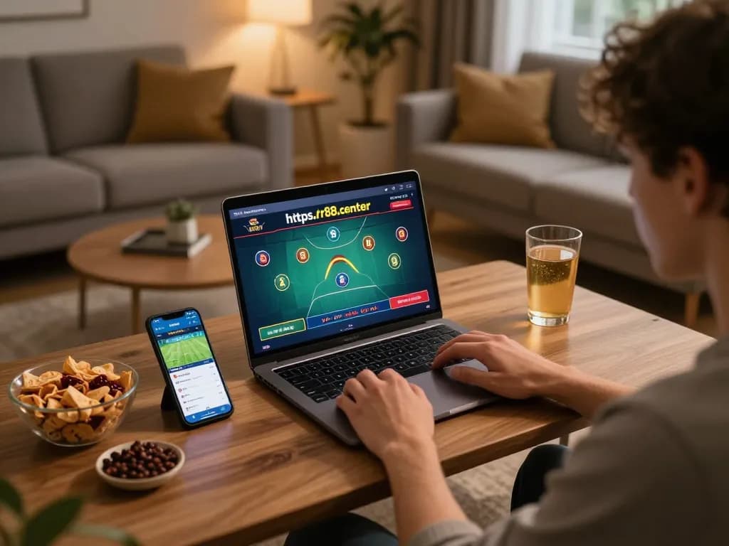 Enjoying online betting at https://rr88.center/ with a live dealer game on laptop, creating a strategic gaming environment.