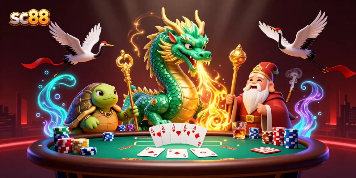 Experience thrilling moments at sc88 with a detailed illustration of a mystical dragon and poker elements.