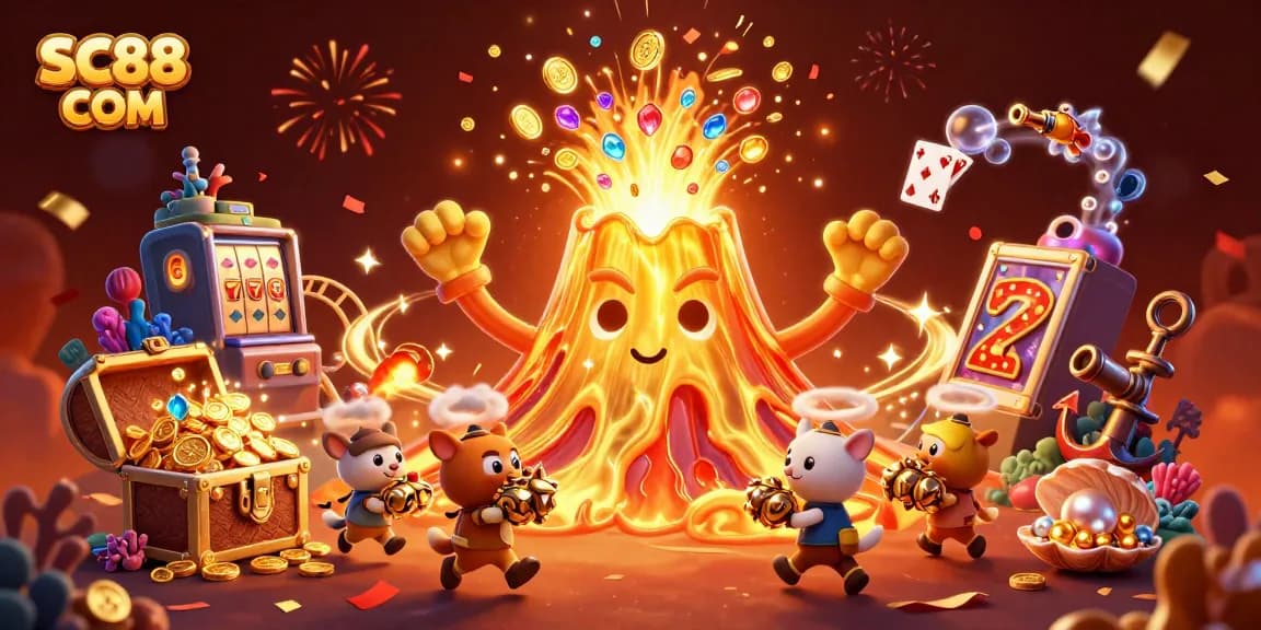 Experience thrilling wins at SC88 COM with a volcano erupting coins surrounded by treasure seekers in this rich casino scene.