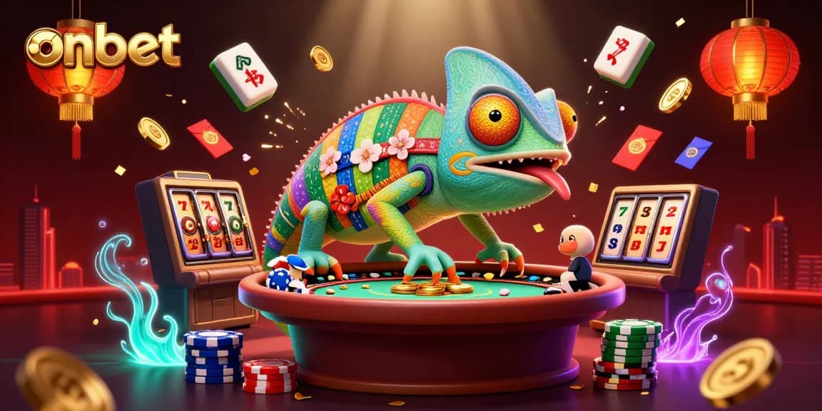 Experience thrilling games at onbet with a colorful chameleon casino owner amidst dynamic action and rich elements.