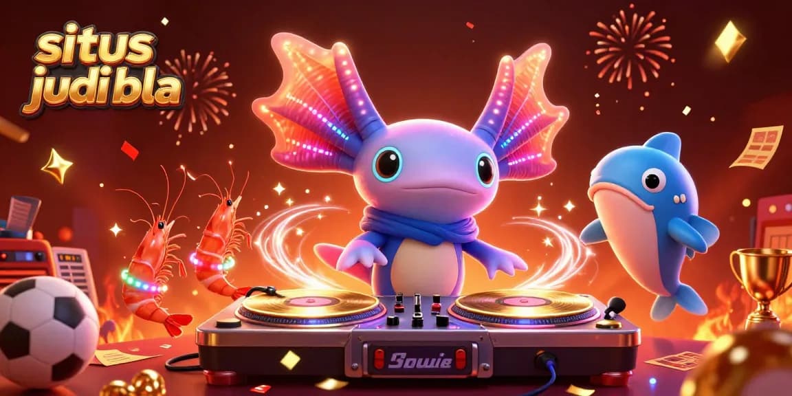 Engage with situs judi bola through vivid betting scenes with a neon axolotl DJ, vibrant shrimp dancers, and dynamic sports elements.