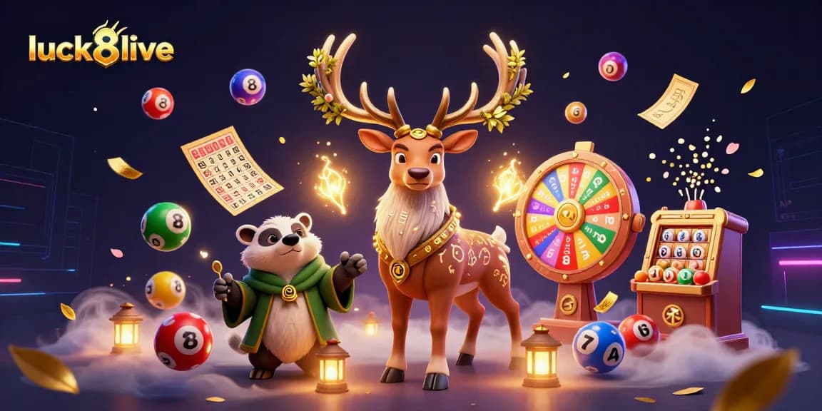 Experience the thrill of luck8live with vibrant lottery games and mystical characters in this dynamic casino illustration.