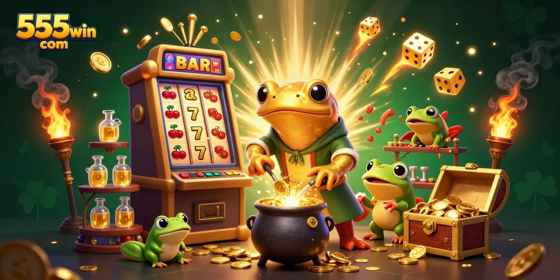 Spin to win at 555win com with a vibrant casino scene featuring enchanting characters and game elements.