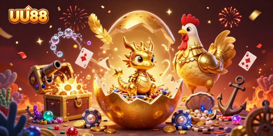 Engage with UU88's golden gaming adventure featuring a golden dragon and poker chips.
