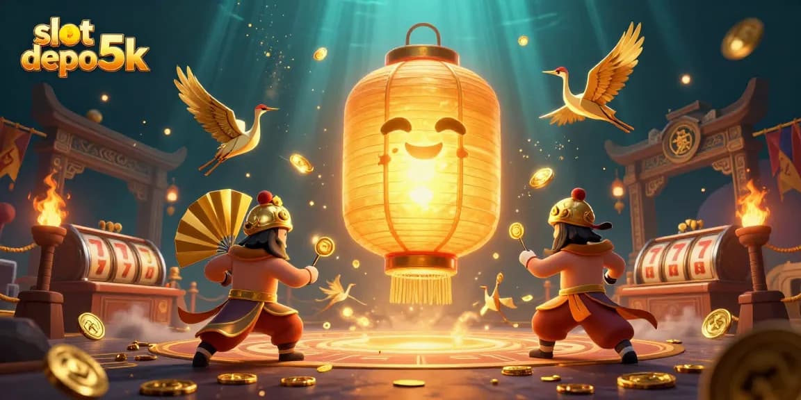 Sparking action and excitement at slot depo 5k with golden lanterns, winning reels, and vibrant casino elements.