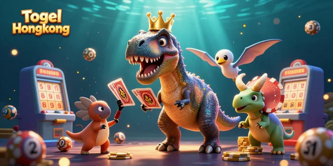 Engage with Togel Hongkong excitement featuring T-Rex and friends in a vibrant lottery scene.