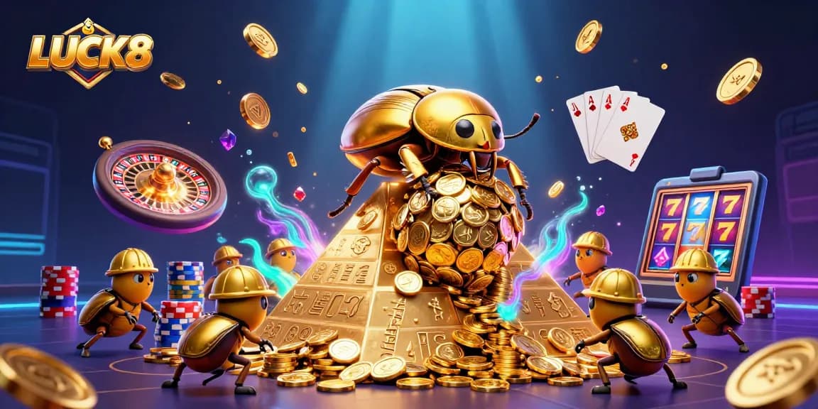 Experience LUCK8's thrilling casino adventure with a massive golden dung beetle and dazzling game elements.